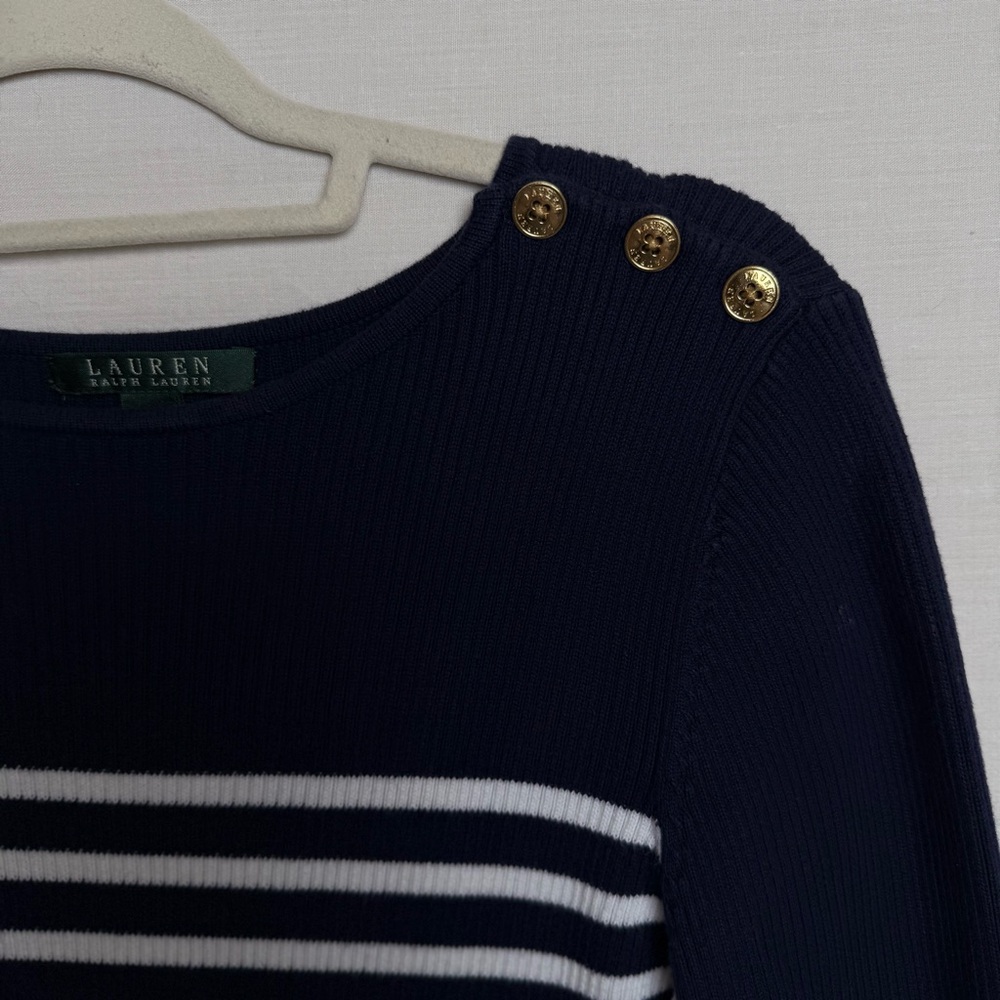 Lauren Ralph Lauren Navy Striped Cotton Sweater L | Nautical Stripe Knit - Picture 3 of 8